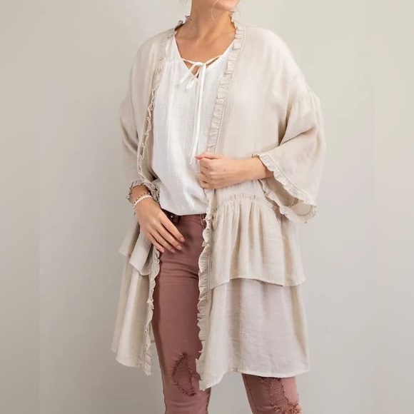 easel Sweaters Easel Cream Lightweight Half Sleeve Double Ruffled